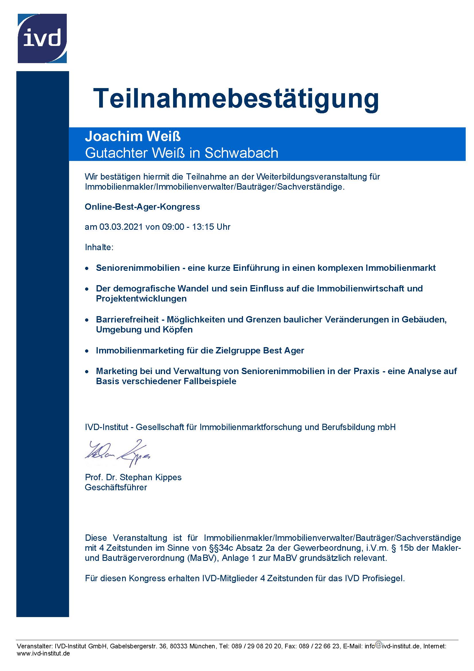 OnlineBest-Ager-Kongress Zertifikat Joachim Weiß